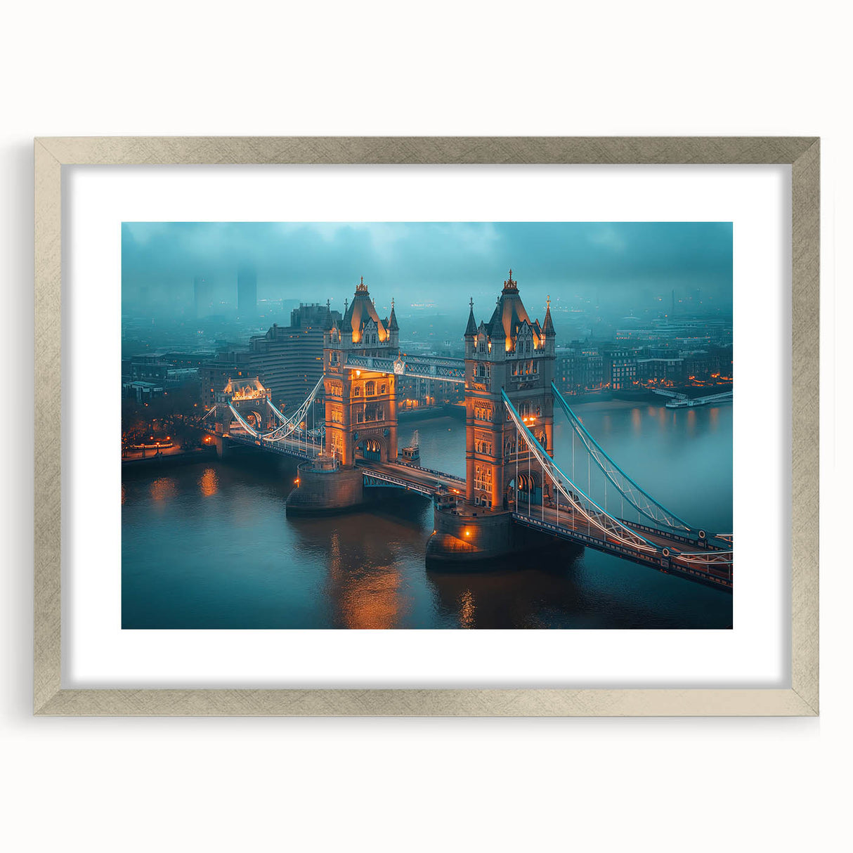 Extra large wall art featuring an abstract print of London's Tower Bridge in textured grays and blues, framed in silver.