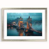 Extra large wall art featuring an abstract print of London's Tower Bridge in textured grays and blues, framed in silver.