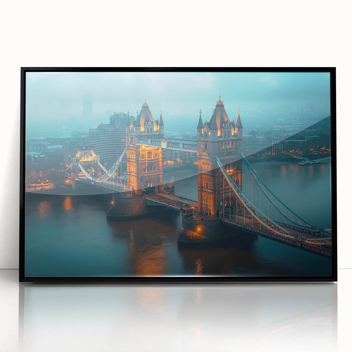 Large abstract wall art of Tower Bridge in muted gray and blue tones on framed acrylic.