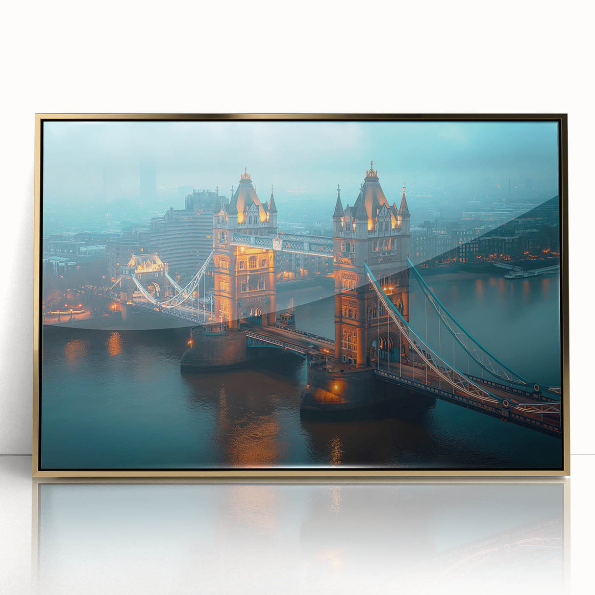 Acrylic print of Tower Bridge with gold frame, featuring muted blue and gray tones, ideal for modern art wall decor.