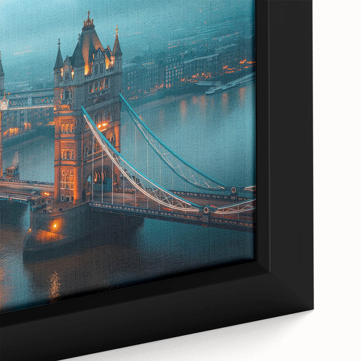 Black wall art featuring a textured depiction of Tower Bridge, with vibrant color accents, on a large framed canvas.