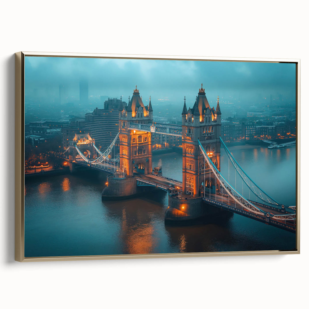 Framed canvas depicting Tower Bridge in muted black and gold tones, ideal for bedroom wall art.