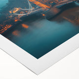Art deco poster of Tower Bridge in muted gray and blue tones on rolled canvas, suitable for dining room wall art.
