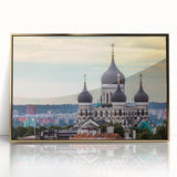 Art deco poster of European scenery in Estonia with gold frame, acrylic print, suitable for modern nursery decor.