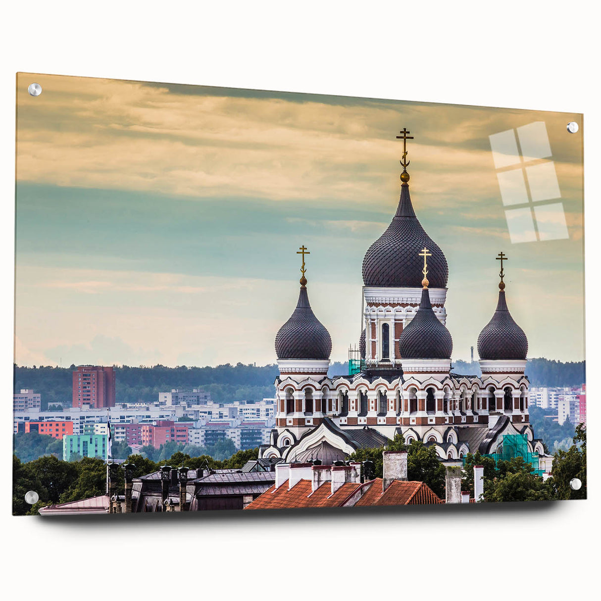 Acrylic print of a serene Estonian landscape, featuring soft blue and green hues, ideal for bedroom or dining room decor.