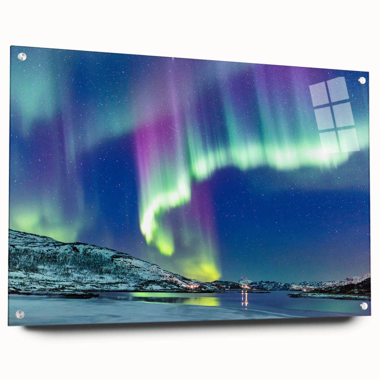Acrylic glass print of a serene Finnish landscape in cool blue and green tones, suitable for bedroom or dining room decor.