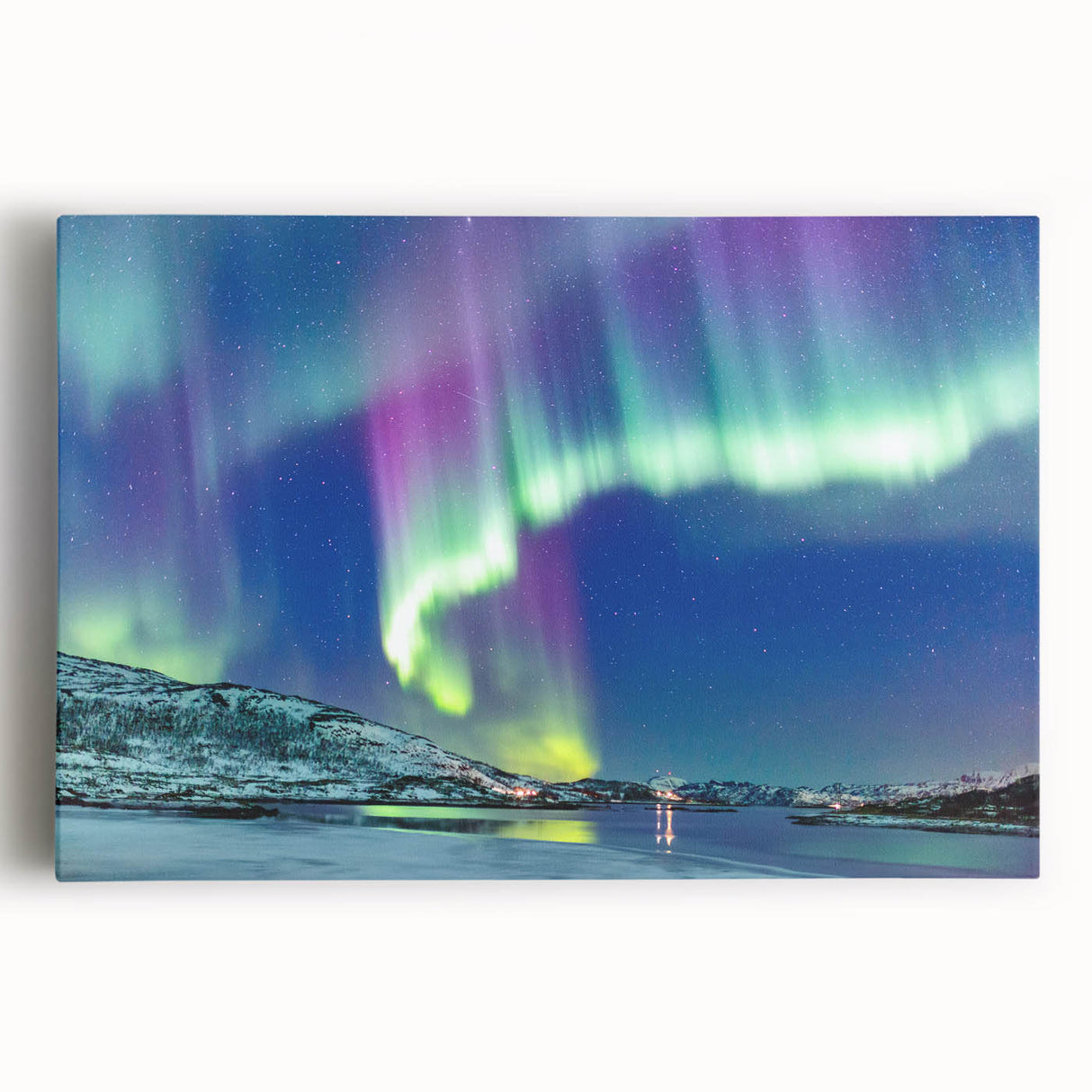 Black and white photograph of a serene Finnish landscape on stretched canvas.
