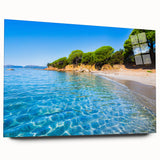 Large abstract wall art of a Corsican landscape on acrylic glass, featuring muted earth tones.