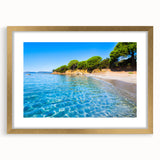 Abstract art print of a Corsican landscape in muted earth tones on a framed gold matte, ideal for dining room decor.