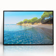 Large abstract wall art depicting a Corsican landscape in muted earth tones, framed in black acrylic.