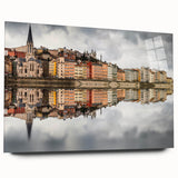 Large abstract depiction of Lyon, France with muted earth tones on acrylic glass, ideal for bedroom or dining room art.