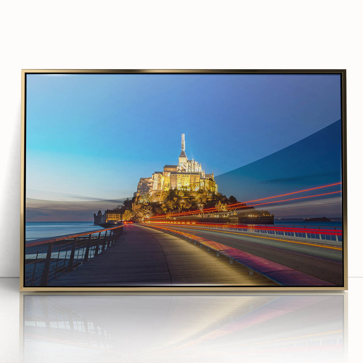 Art deco poster of a scenic French landscape in muted gold and green tones, acrylic framed, ideal for modern art wall decor.