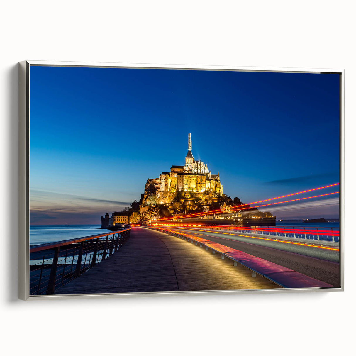 Landscape art painting of a French scenery on framed canvas, featuring colorful art with black accents.