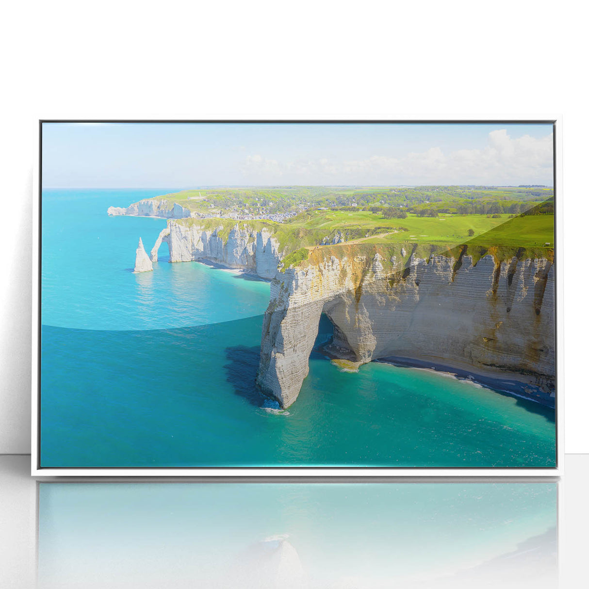 Mid-century modernist art of Normandy scenery in muted earth tones on a framed acrylic print, suitable for nursery wall art.