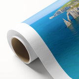 Art deco poster of Normandy scenery on rolled canvas, featuring pastel shades, ideal for nursery wall art.