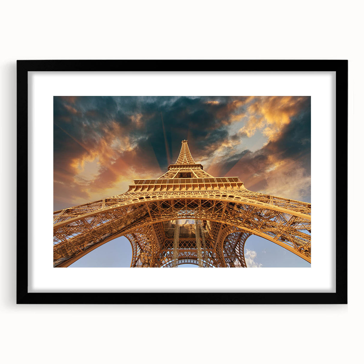 Extra large, textured abstract art print of Paris scenery in vibrant colors on a framed black mat.