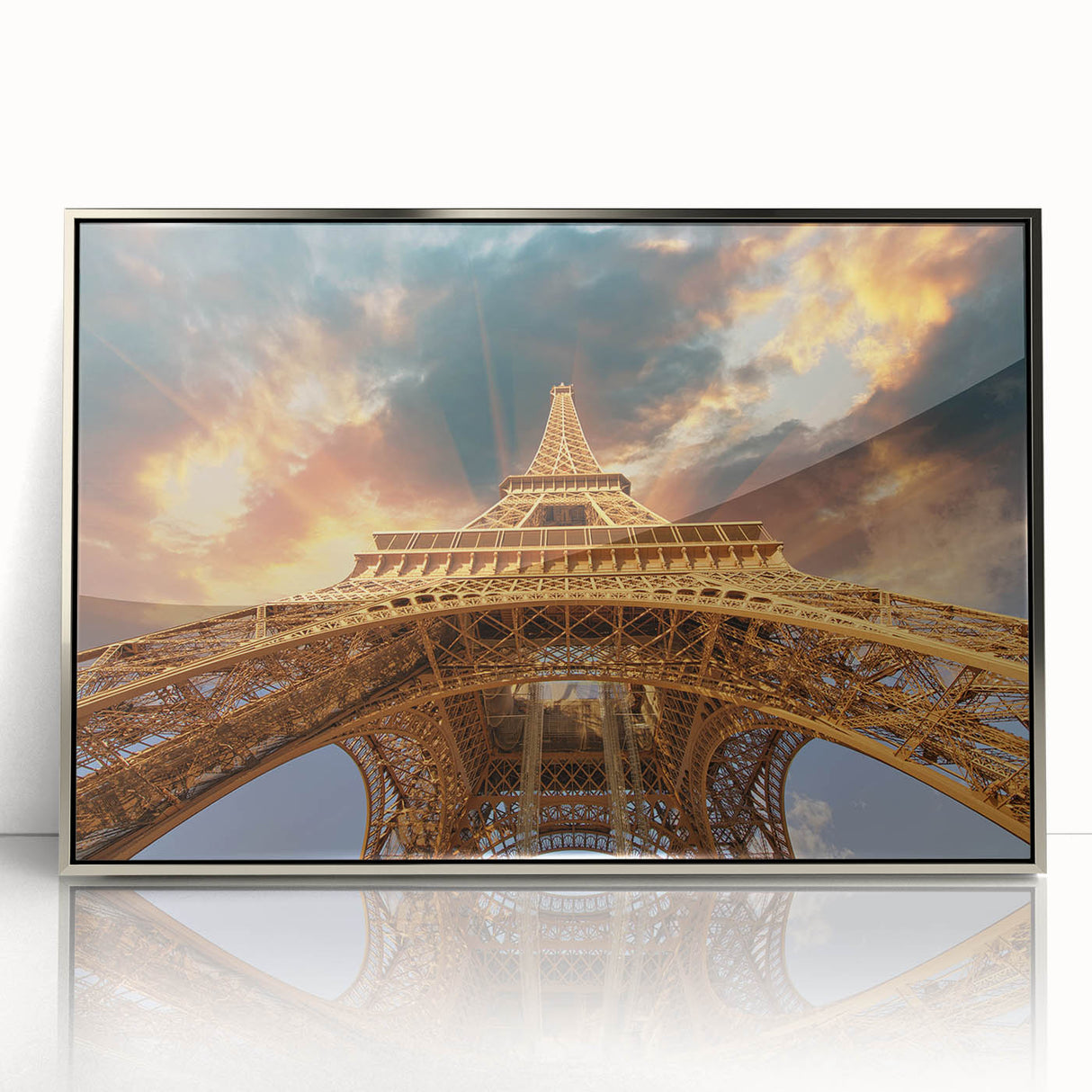 Large art print of Paris scenery in muted gray tones on silver-framed acrylic, suitable for modern art wall decor.