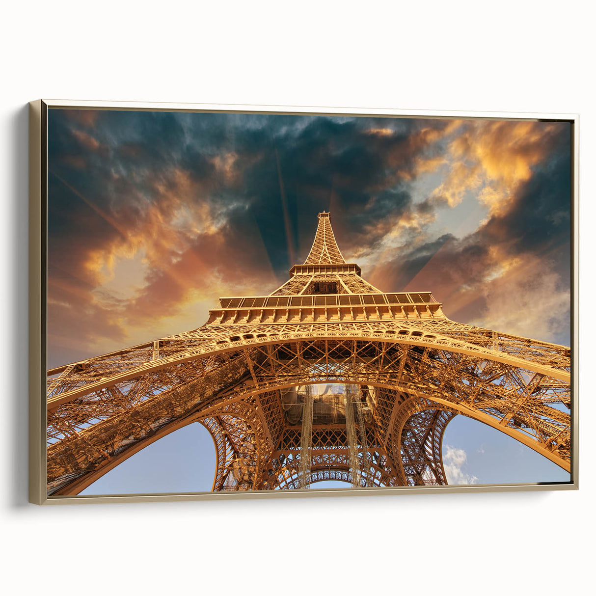 Framed canvas of a vintage Paris landscape in black and gold tones, ideal for bedroom wall art.