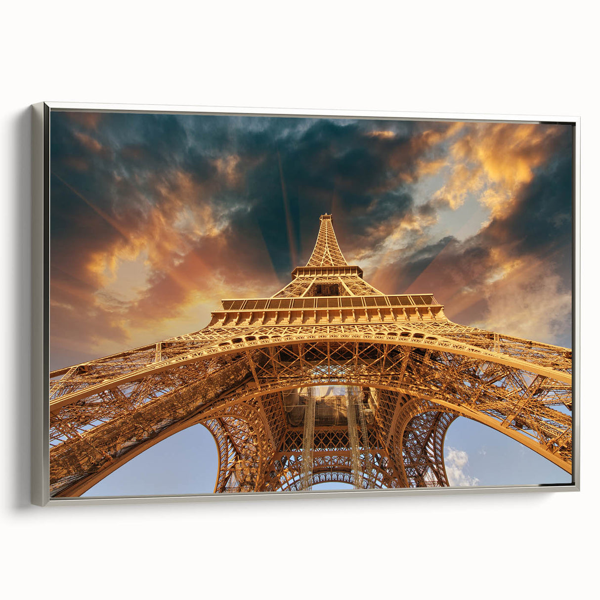 Framed canvas depicting a vintage Paris landscape with colorful art on black background, ideal for living room decor.