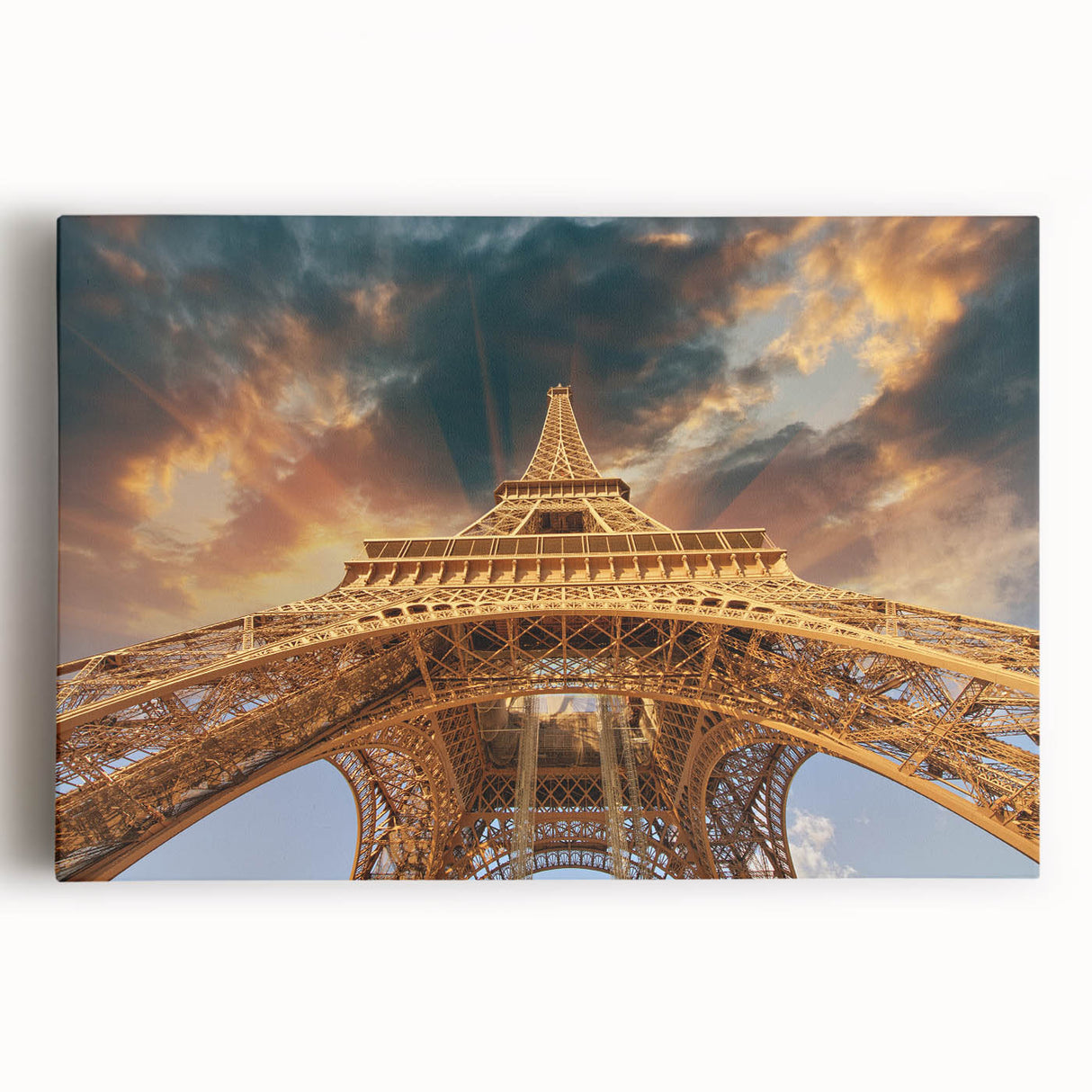 Black and white photo of Paris on stretched canvas, featuring Eiffel Tower, ideal for kitchen wall art.