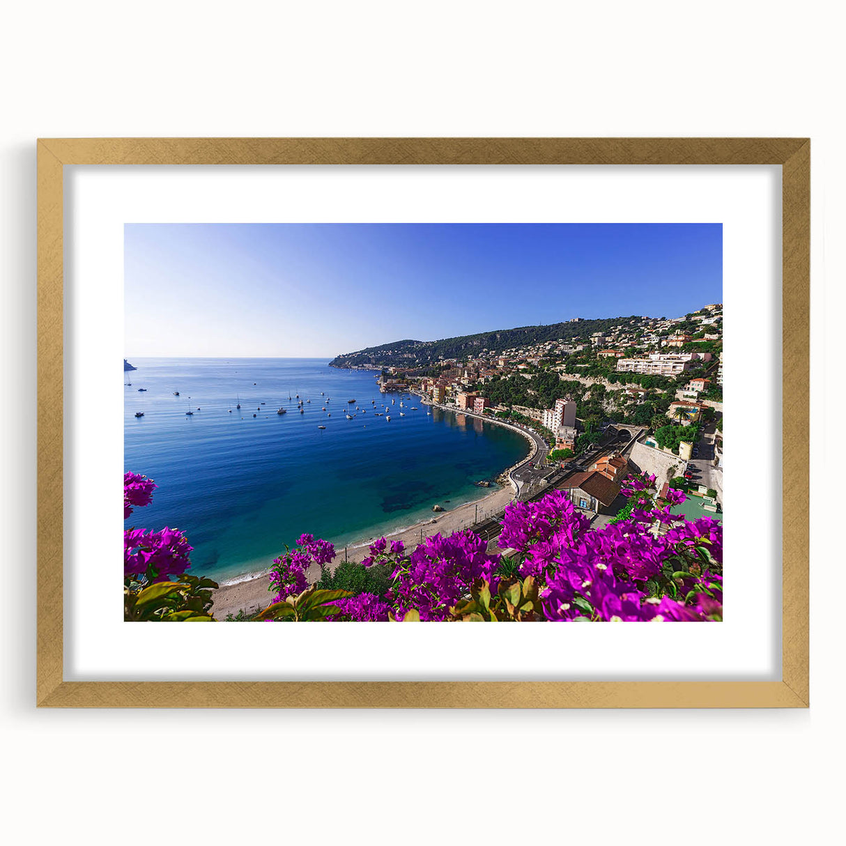 Abstract art print of a Southern French landscape in muted earth tones on a gold-framed canvas.
