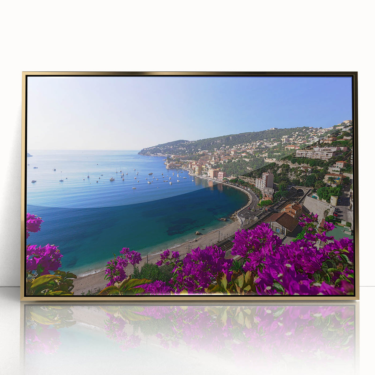 Art deco poster of a French southern landscape in gold and blue tones, acrylic framed.