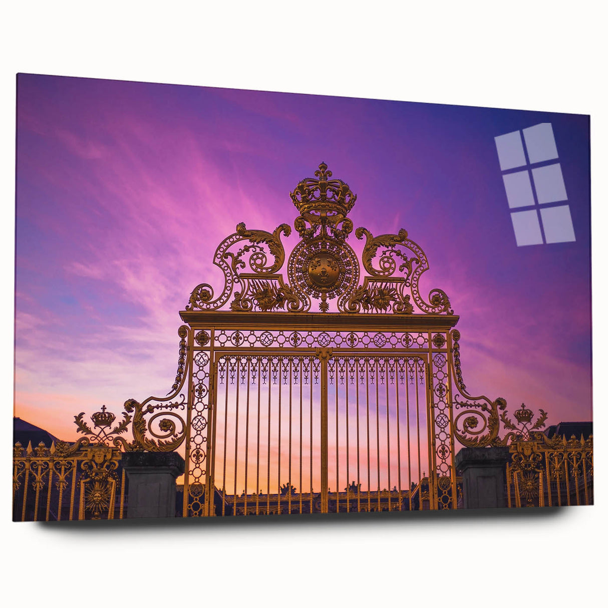 Acrylic print of the Versailles gardens in muted green and blue tones, suitable for bedroom or dining room decor.