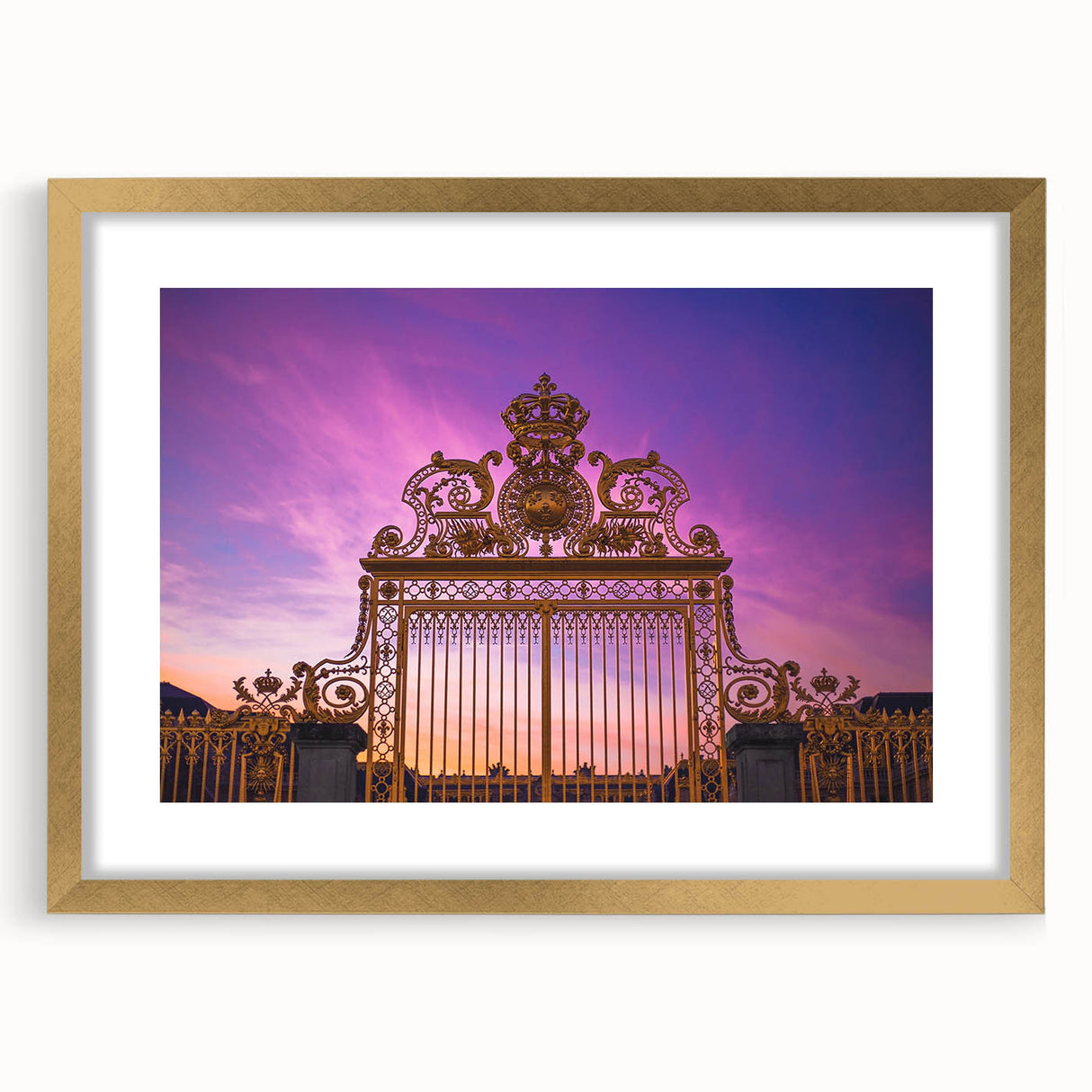 Abstract art print of Versailles scenery in gold frame, using muted gold and blue tones, ideal for dining room decor.