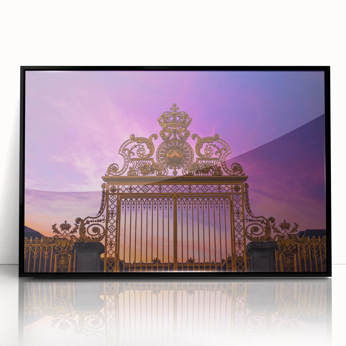 Large abstract wall art of Versailles in muted earth tones, acrylic print in black frame, ideal for modern living room decor.