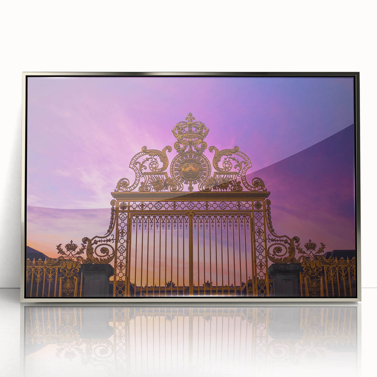 Large acrylic print of Versailles scenery in muted green and silver tones, framed, ideal for modern art wall decor.