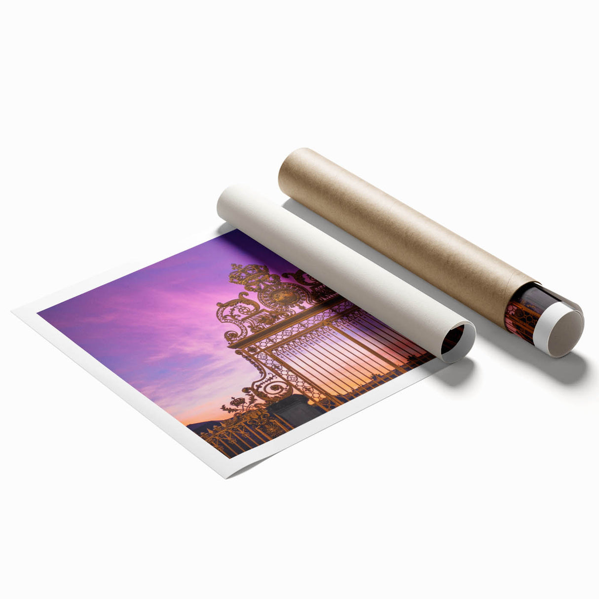 Extra large rolled print of Versailles gardens in muted green and floral hues, ideal for classy bathroom wall art.