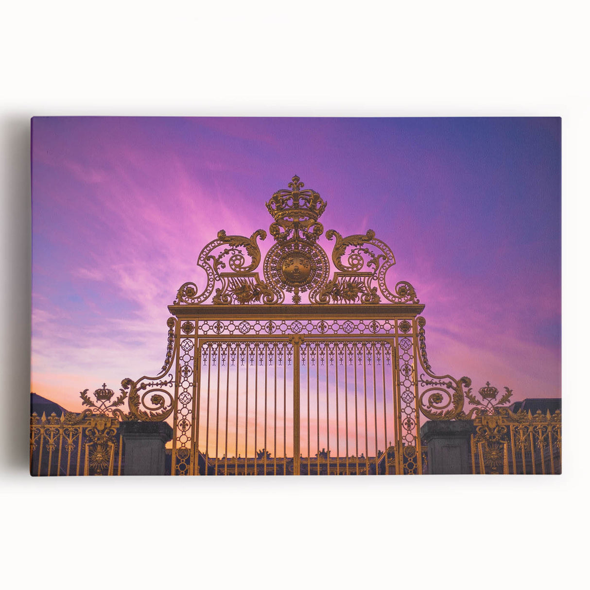 Black and white print of the Versailles Palace on stretched canvas, suited for kitchen or bedroom decor.
