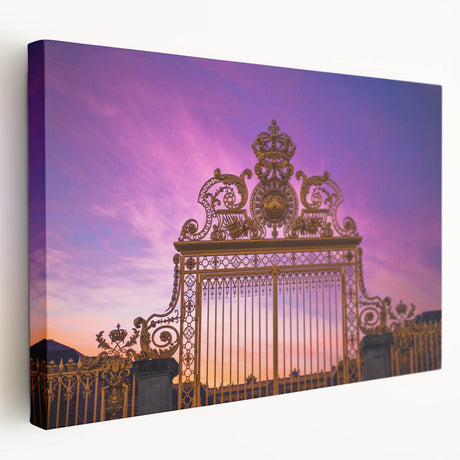 Side view of a large stretched canvas depicting the Versailles scenery in muted earth tones, suitable for kitchen wall art.