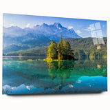 Acrylic print of a Bavarian landscape in muted greens and blues, suited for bedroom or dining room decor.