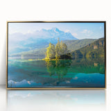 Art deco poster of Bavarian scenery in muted gold and blue tones on framed acrylic, suitable for modern nursery wall art.