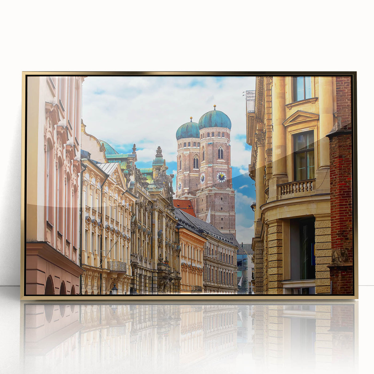 Framed acrylic print of Munich skyline in art deco style with gold and blue tones, ideal for modern art wall decor.