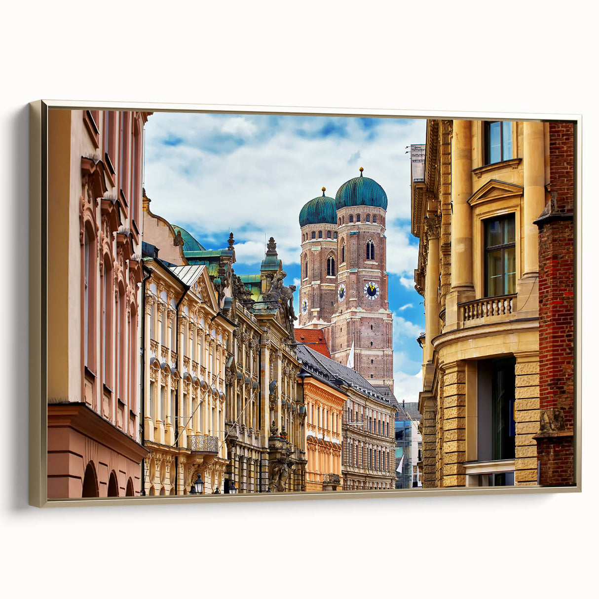 Framed canvas featuring a vintage-style landscape painting of Munich with muted gold and black tones.