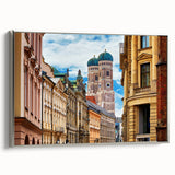 Framed canvas depicting a vintage Munich landscape in colorful art style, suitable for living room decor.
