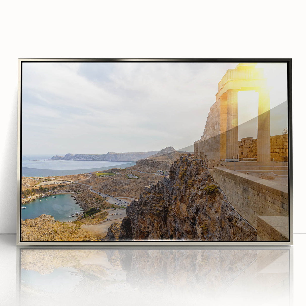 Acrylic print of Athens skyline in muted earth tones, framed in silver, suitable for modern art wall decor.