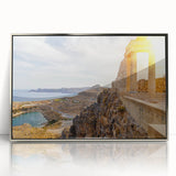 Acrylic print of Athens skyline in muted earth tones, framed in silver, suitable for modern art wall decor.