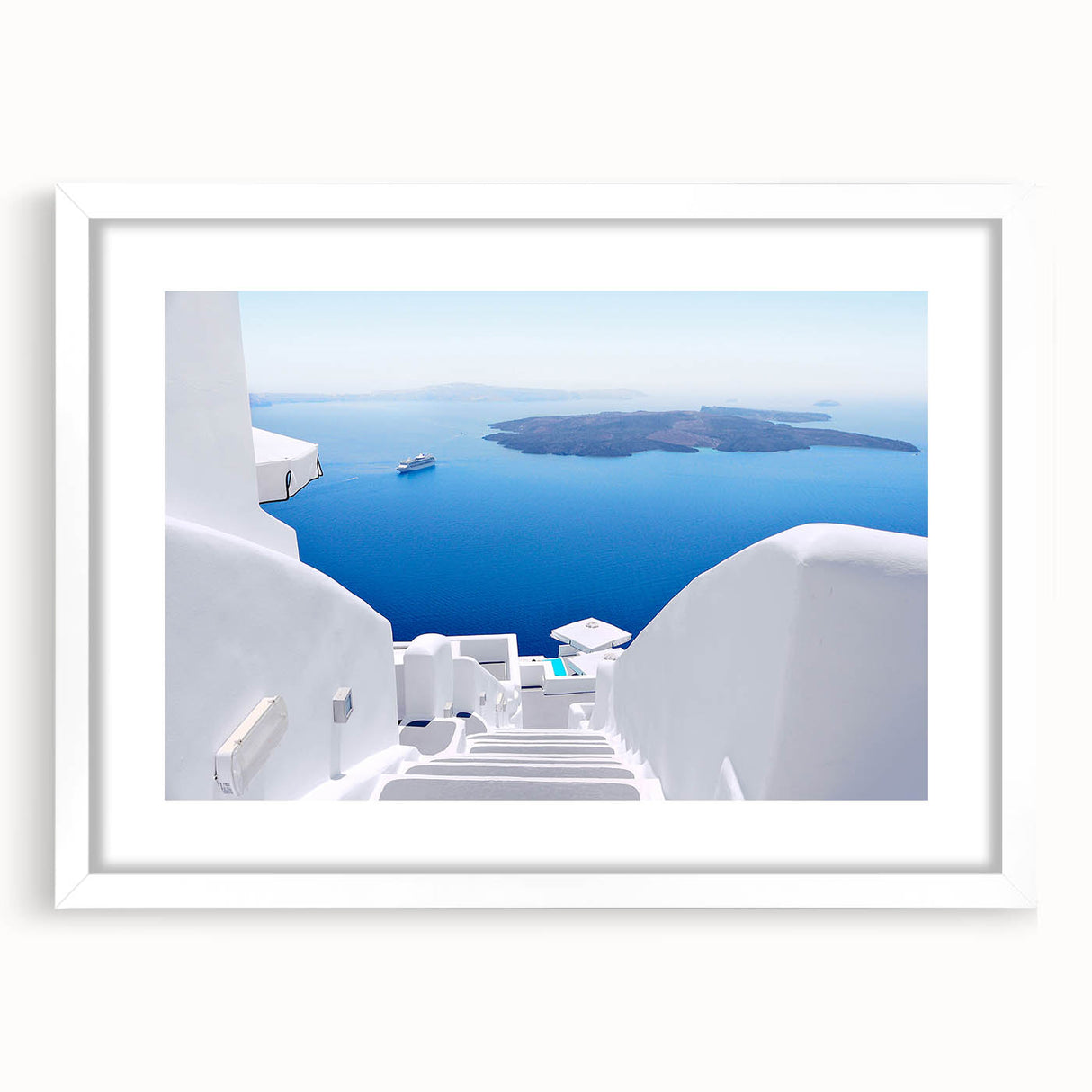 Textured art print of Santorini with abstract blue and white tones on a framed white mat, suitable for bedroom decor.