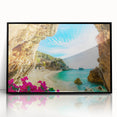 Large abstract wall art featuring a mid-century modernist depiction of a Greek landscape in muted earth tones.
