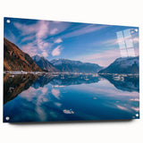 Acrylic print of a Greenland landscape in muted green and blue tones, ideal for dining room ambiance.
