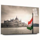 Large abstract wall art of a European scenery in muted earth tones on acrylic glass, ideal for bedroom or dining room decor.