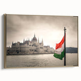 Framed canvas depicting a vintage European landscape in muted gold and black tones, ideal for bedroom wall decor.