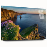 Acrylic print of a serene Irish landscape in muted green and blue tones, suitable for dining room decor.