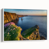 Vintage poster art of a scenic Ireland landscape on a framed canvas, with vibrant green and blue tones.