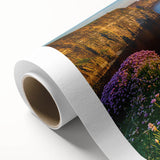 Art deco poster of a serene Irish landscape in soft green and blue hues on rolled canvas, ideal for nursery wall art.