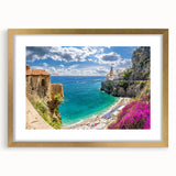 Abstract art print of the Amalfi Coast in pastel shades on a framed canvas, ideal for dining room decor.