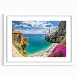 Textured art print of the Amalfi Coast in muted blue and white tones on a framed canvas, suitable for bedroom decor.